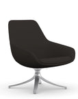 Front view of the 9to5 Lilly lounge chair in polished swivel base and black vinyl Fabric. Kansas City Office Design