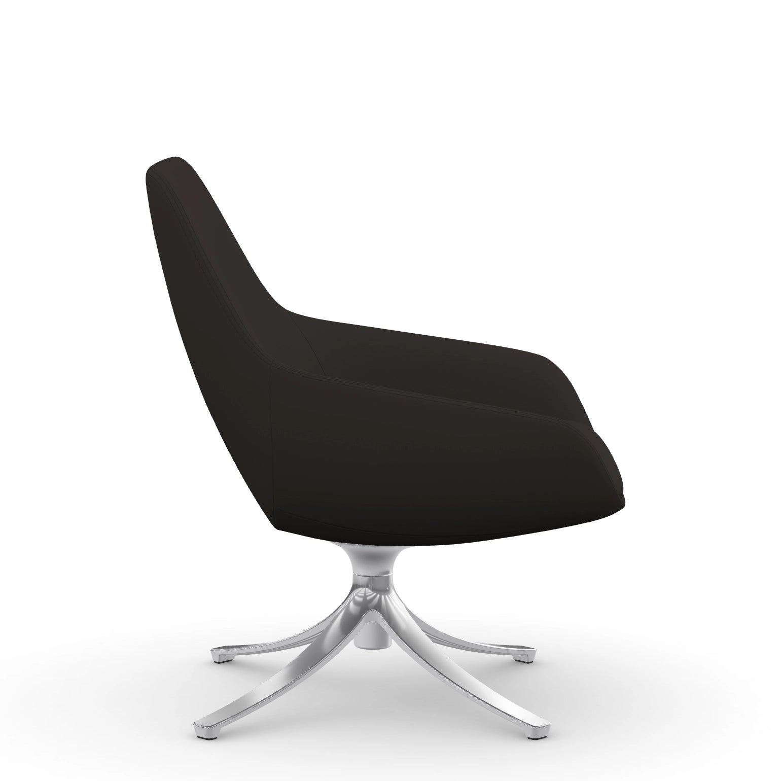 Side view of the 9to5 Lilly lounge chair in polished swivel base and black vinyl Fabric. Kansas City Office Design