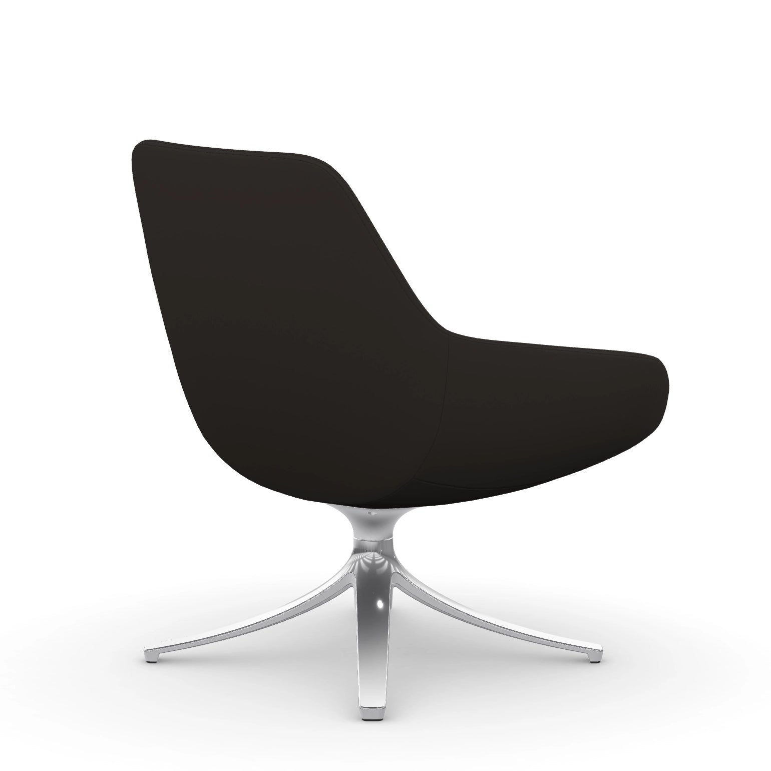 Back view of the 9to5 Lilly lounge chair in polished swivel base and black vinyl Fabric. Kansas City Office Design