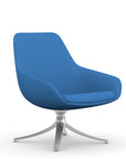 Front view of the 9to5 Lilly lounge chair in polished swivel base and blue Fabric. Kansas City Office Design