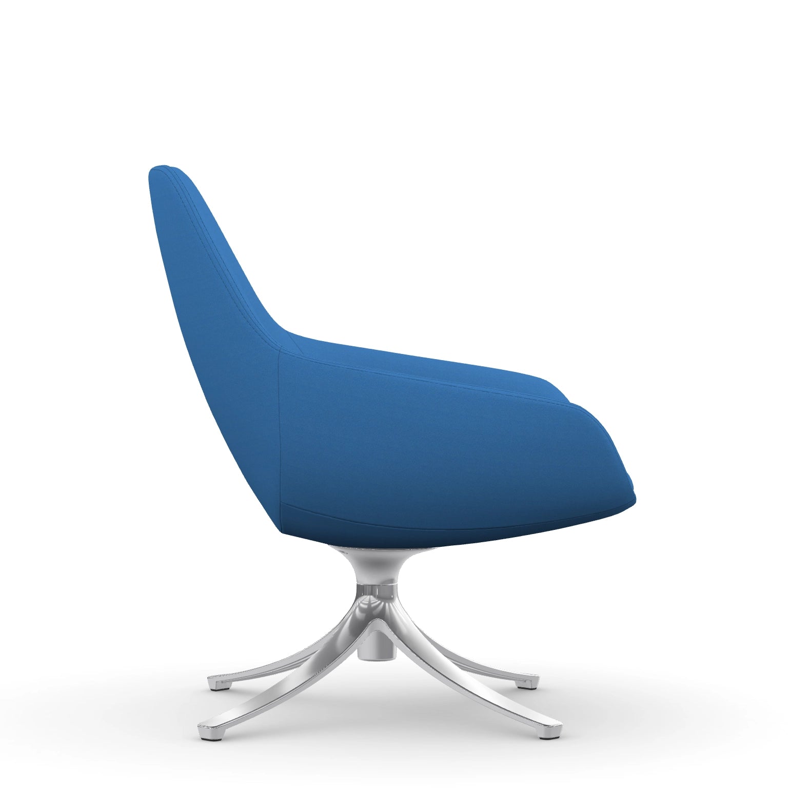 Side view of the 9to5 Lilly lounge chair in polished swivel base and blue Fabric. Kansas City Office Design