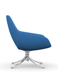 Side view of the 9to5 Lilly lounge chair in polished swivel base and blue Fabric. Kansas City Office Design