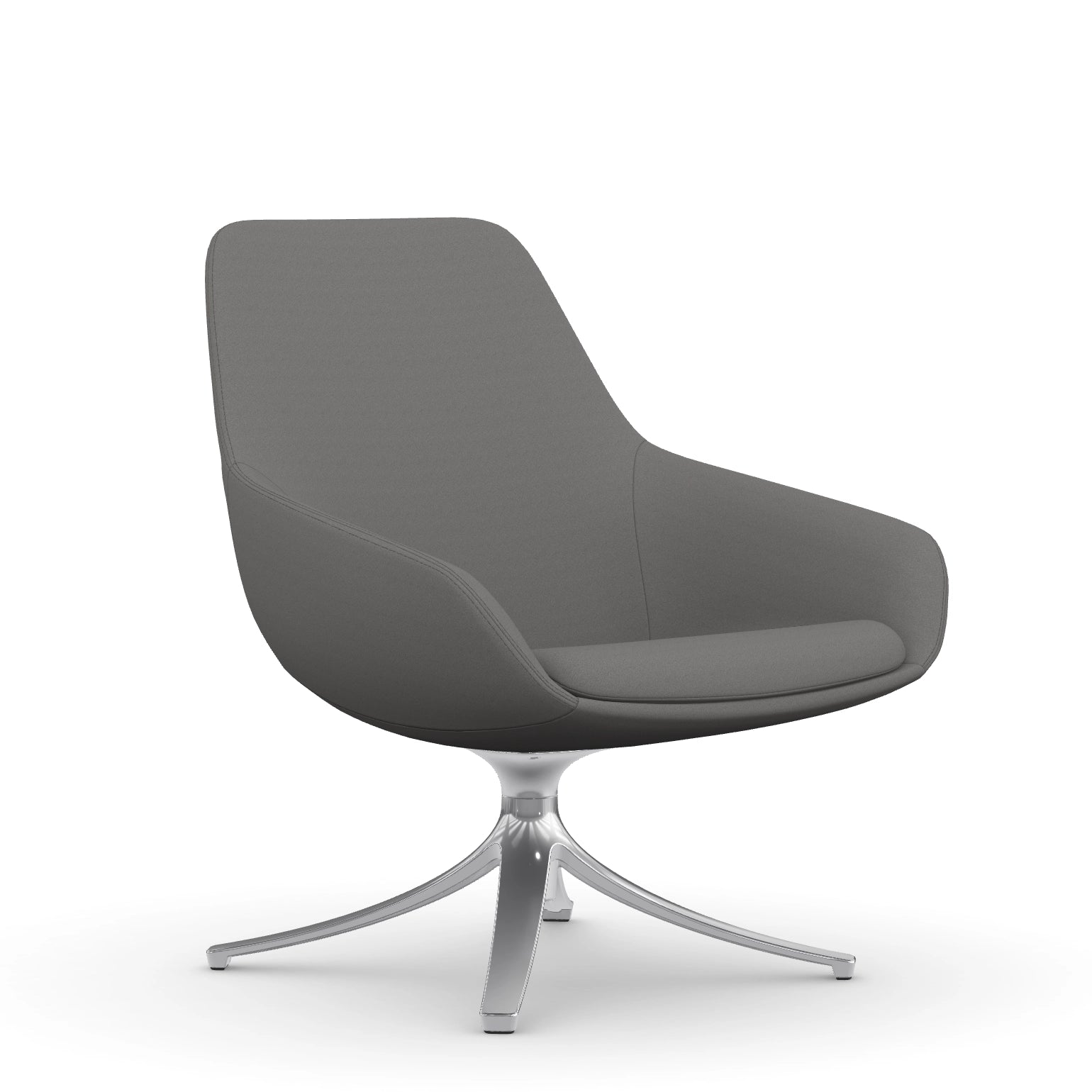 Front view of the 9to5 Lilly lounge chair in polished swivel base and gray Fabric. Kansas City Office Design