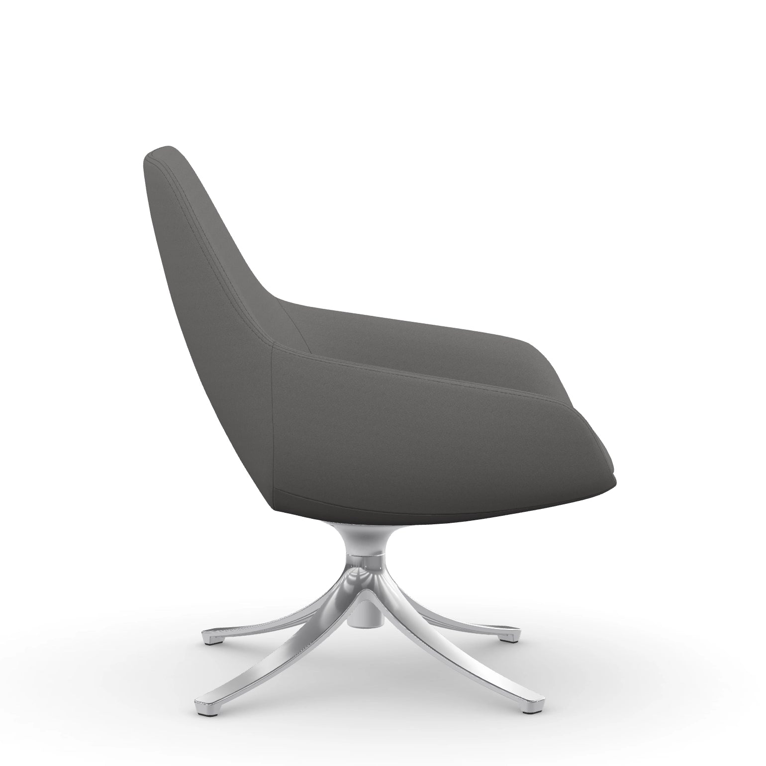 Side view of the 9to5 Lilly lounge chair in polished swivel base and blue Fabric. Kansas City Office Design