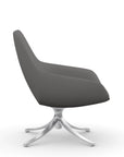 Side view of the 9to5 Lilly lounge chair in polished swivel base and blue Fabric. Kansas City Office Design