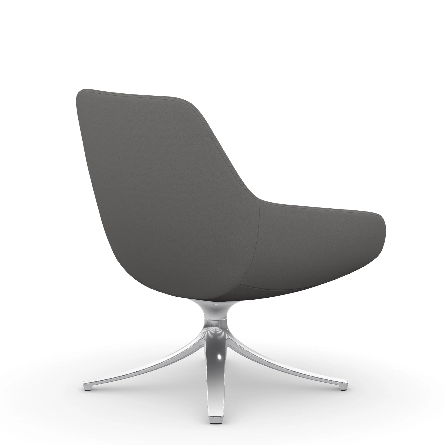 Back view of the 9to5 Lilly lounge chair in polished swivel base and blue Fabric. Kansas City Office Design