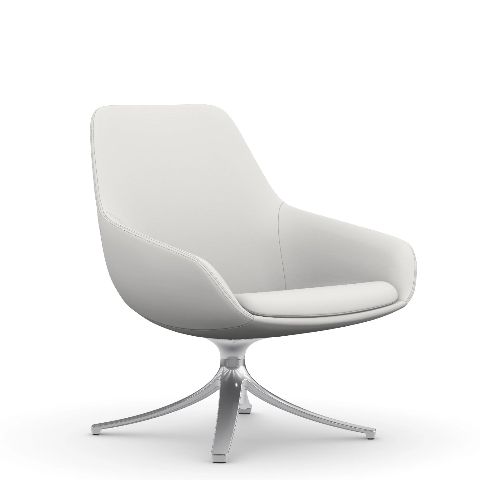 Front view of the 9to5 Lilly lounge chair in polished swivel base and tinsel vinyl Fabric. Kansas City Office Design