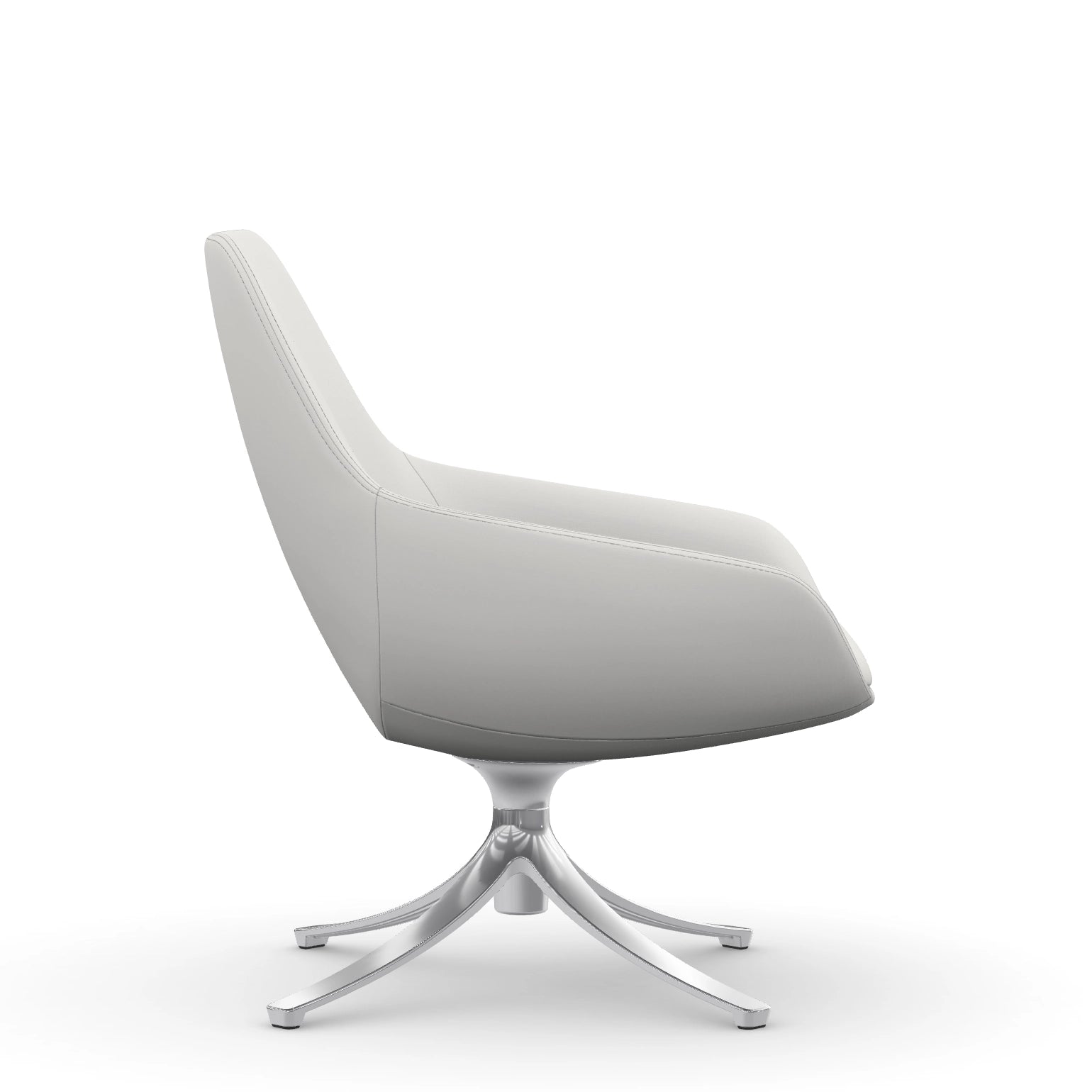 Side view of the 9to5 Lilly lounge chair in polished swivel base and tinsel vinyl Fabric. Kansas City Office Design