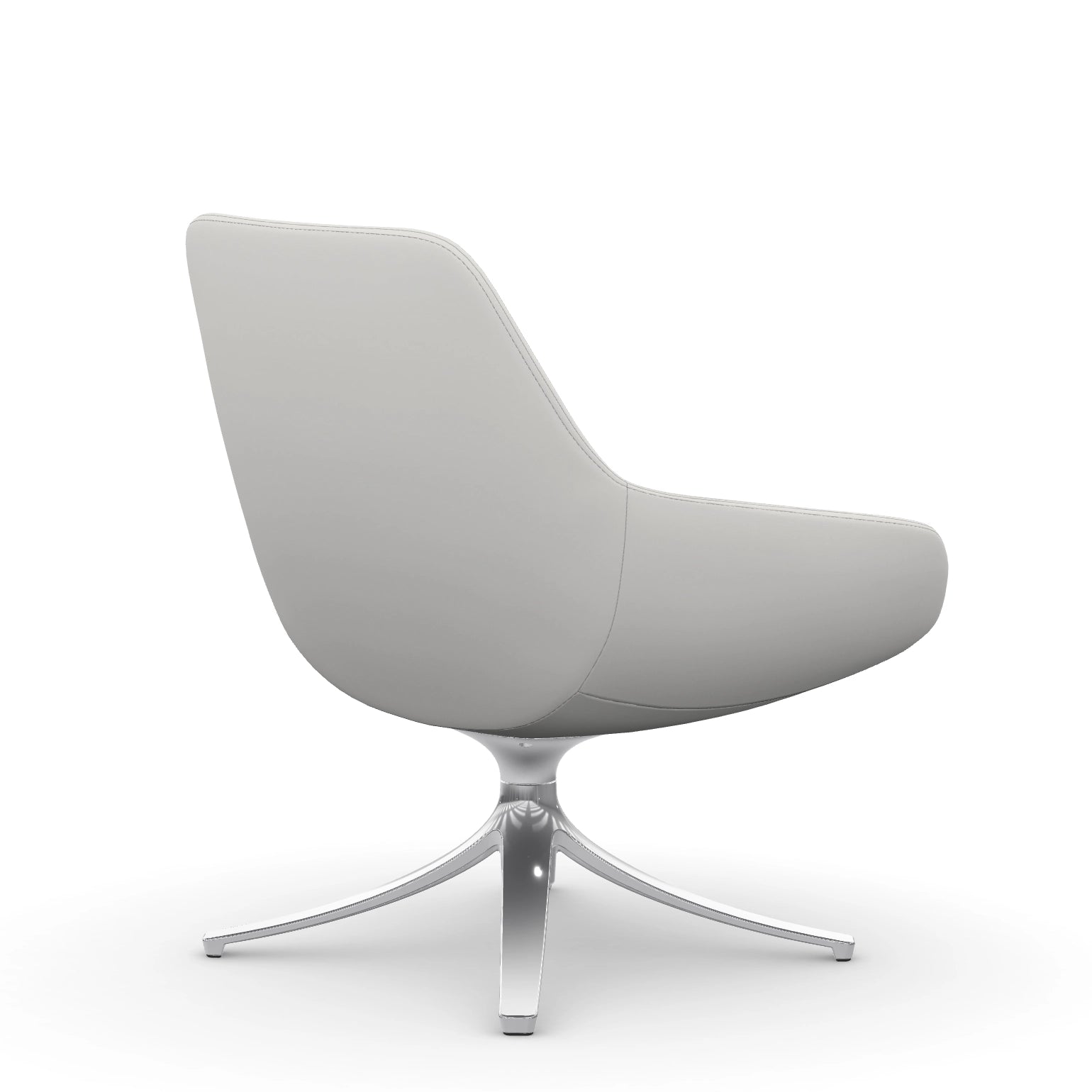 Back view of the 9to5 Lilly lounge chair in polished swivel base and tinsel vinyl Fabric. Kansas City Office Design