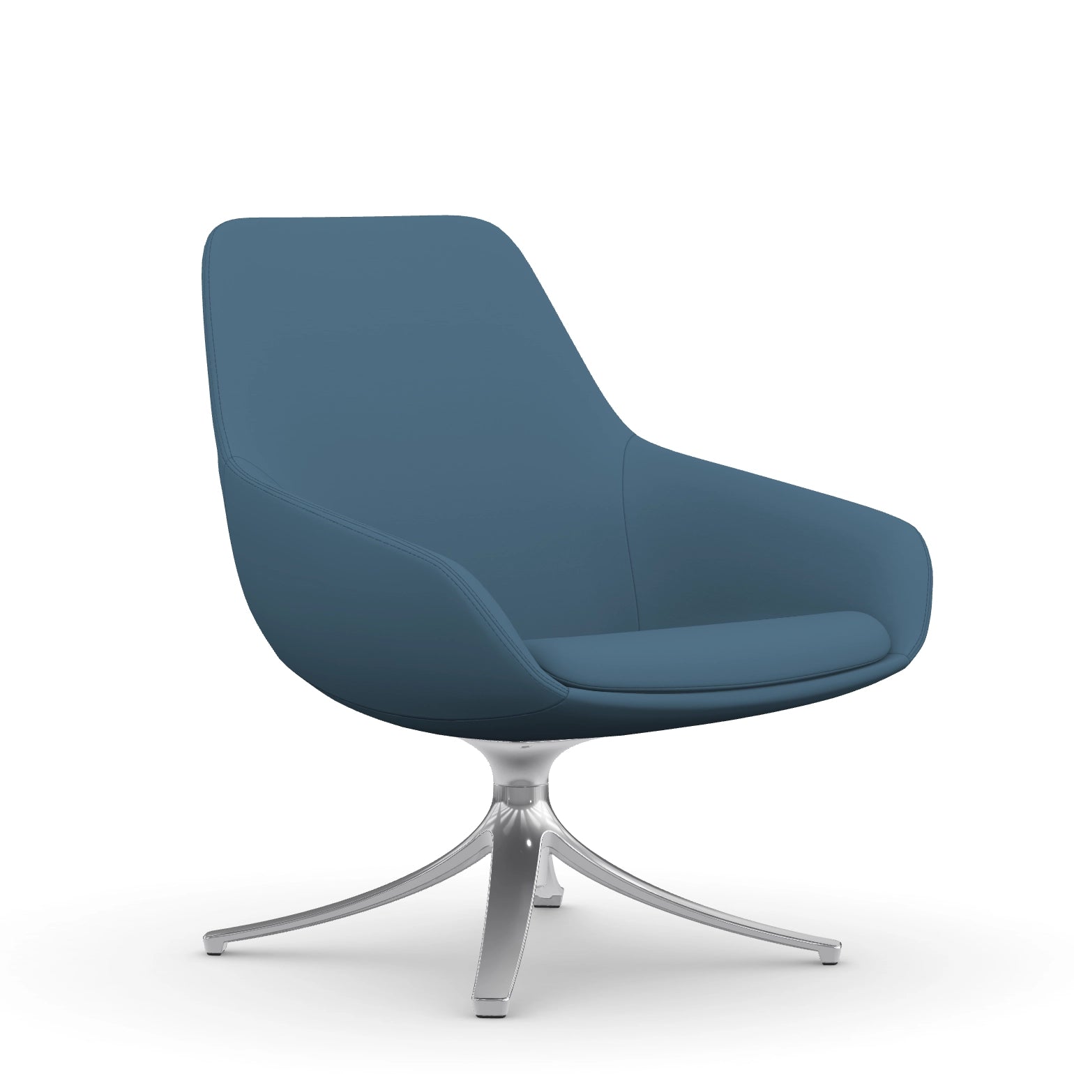 Front view of the 9to5 Lilly lounge chair in polished swivel base and wave blue vinyl Fabric. Kansas City Office Design