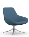 Front view of the 9to5 Lilly lounge chair in polished swivel base and wave blue vinyl Fabric. Kansas City Office Design