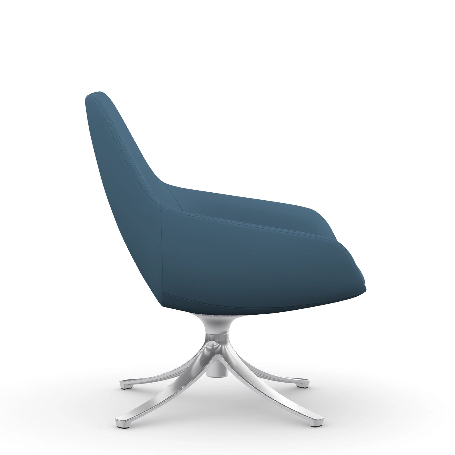 Side view of the 9to5 Lilly lounge chair in polished swivel base and wave blue vinyl Fabric. Kansas City Office Design