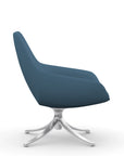 Side view of the 9to5 Lilly lounge chair in polished swivel base and wave blue vinyl Fabric. Kansas City Office Design