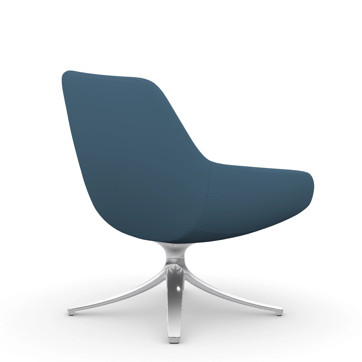 Back view of the 9to5 Lilly lounge chair in polished swivel base and wave blue vinyl Fabric. Kansas City Office Design