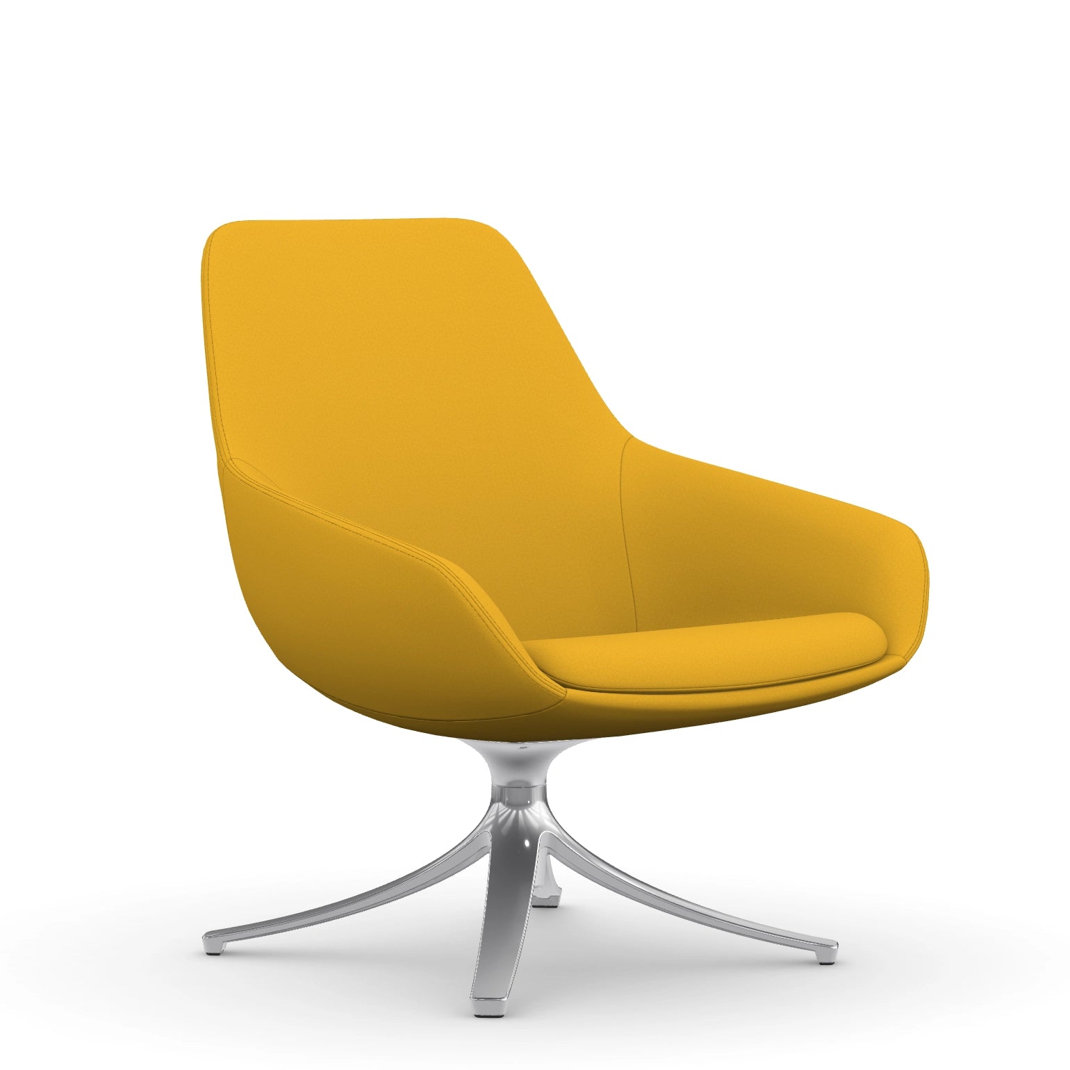 Front view of the 9to5 Lilly lounge chair in polished swivel base and yellow Fabric. Kansas City Office Design