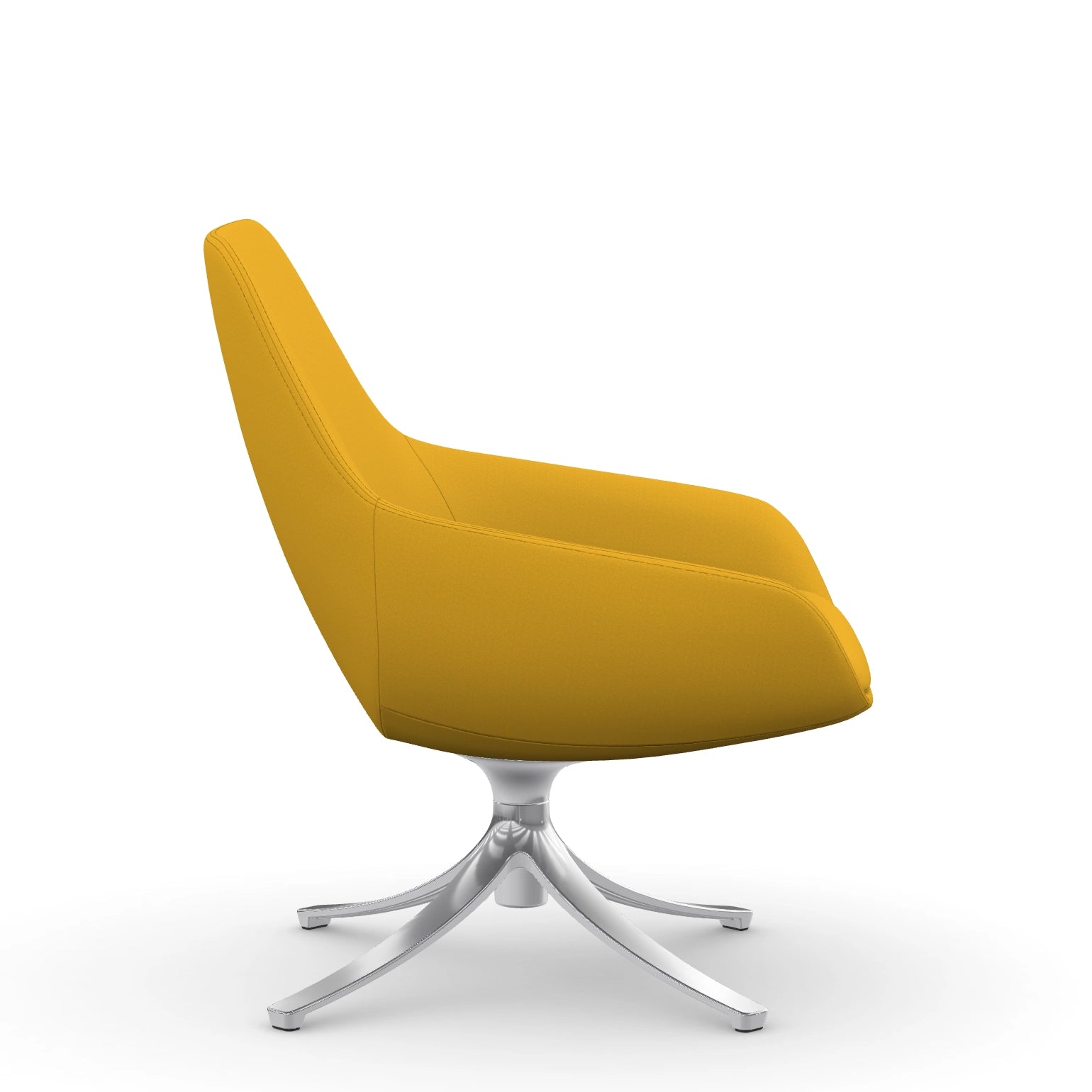 Side view of the 9to5 Lilly lounge chair in polished swivel base and yellow Fabric. Kansas City Office Design