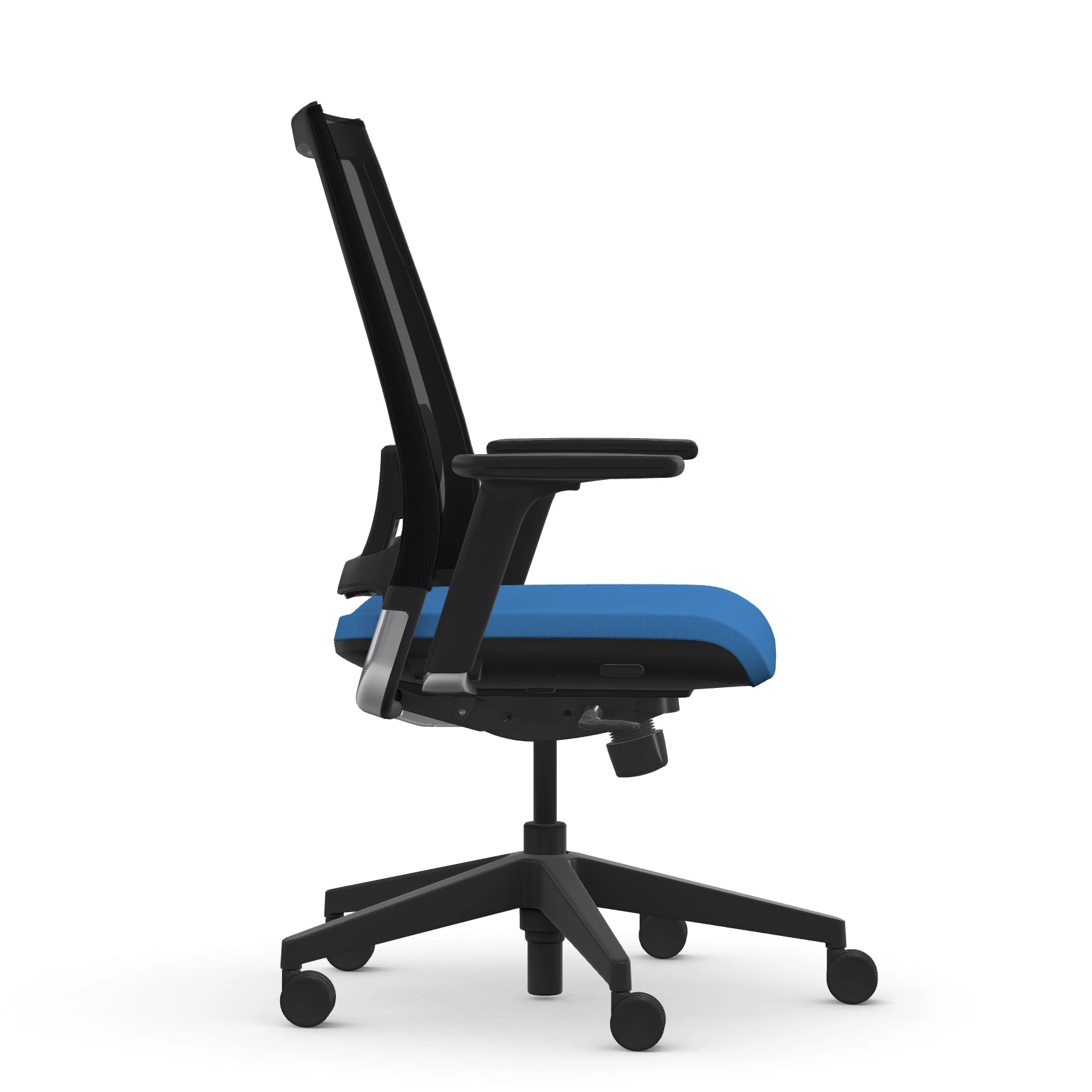 Side view of the 9to5 seating Luna highback task chair in black frame and blue fabric. Kansas City Office Design.