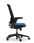 Side view of the 9to5 seating Luna highback task chair in black frame and blue fabric. Kansas City Office Design.