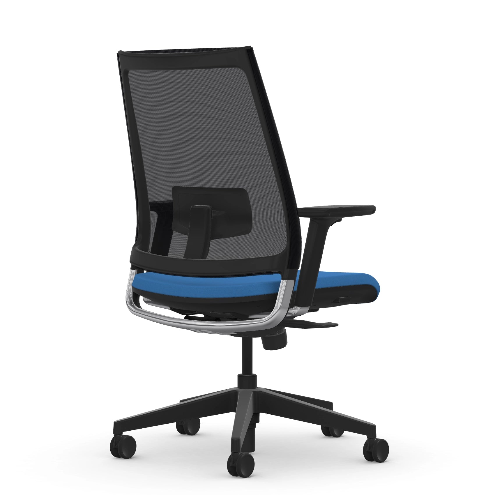 Back view of the 9to5 seating Luna highback task chair in black frame and blue fabric. Kansas City Office Design.