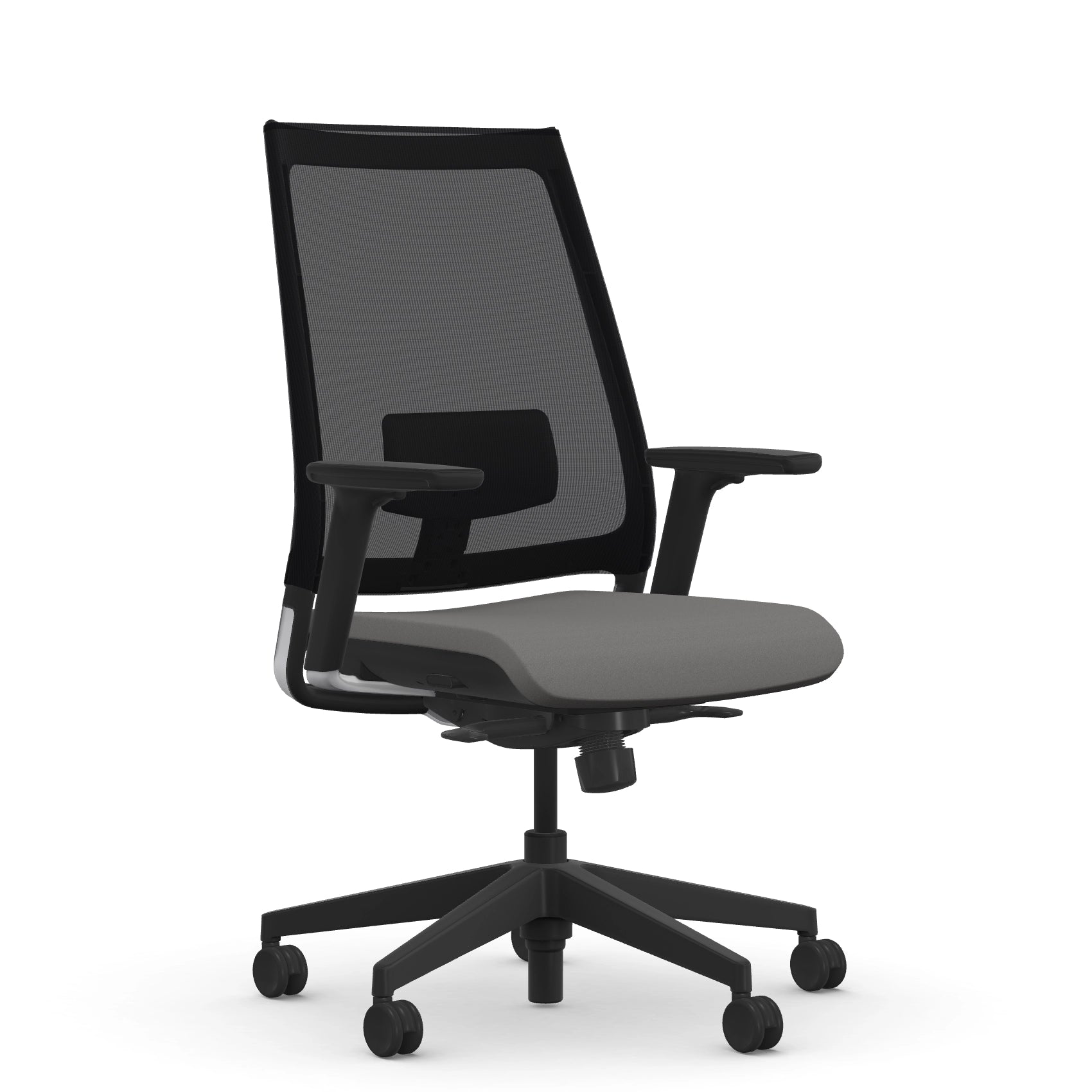 Front view of the 9to5 seating Luna highback task chair in black frame and gray fabric. Kansas City Office Design.
