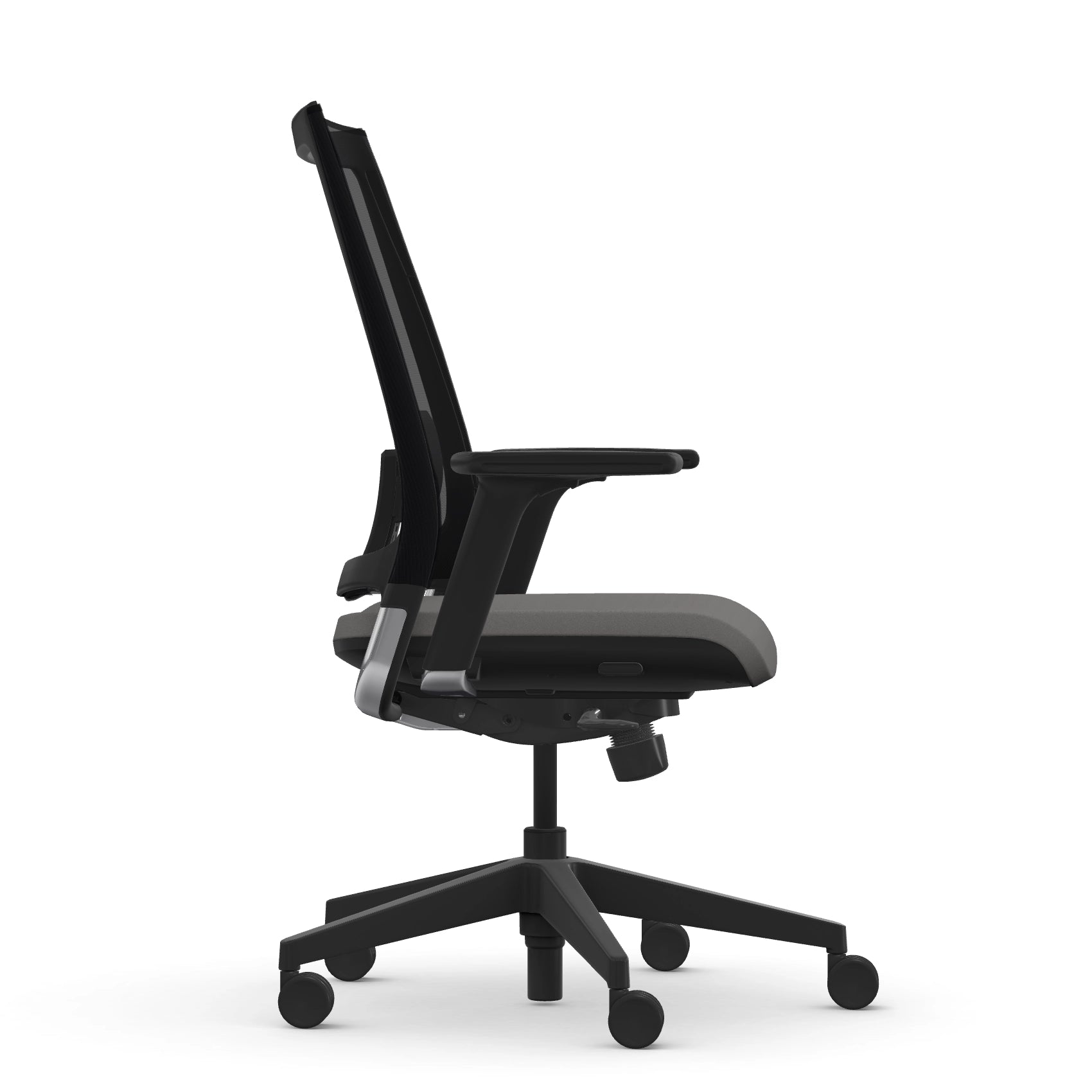 Side view of the 9to5 seating Luna highback task chair in black frame and gray fabric. Kansas City Office Design.