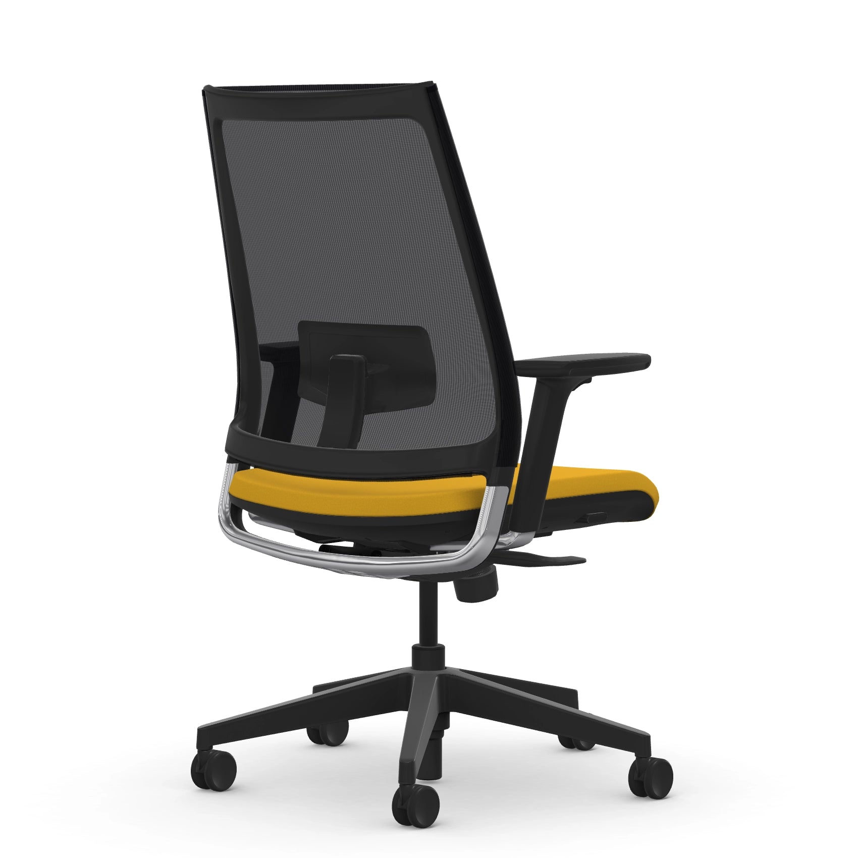Back view of the 9to5 seating Luna highback task chair in black frame and yellow fabric. Kansas City Office Design.
