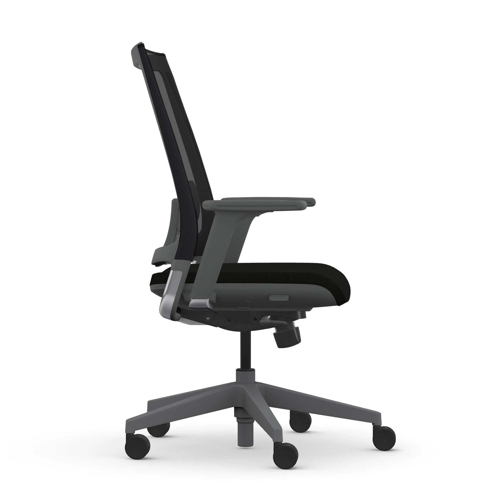 Side view of the 9to5 seating Luna highback task chair in gray frame and black fabric. Kansas City Office Design.