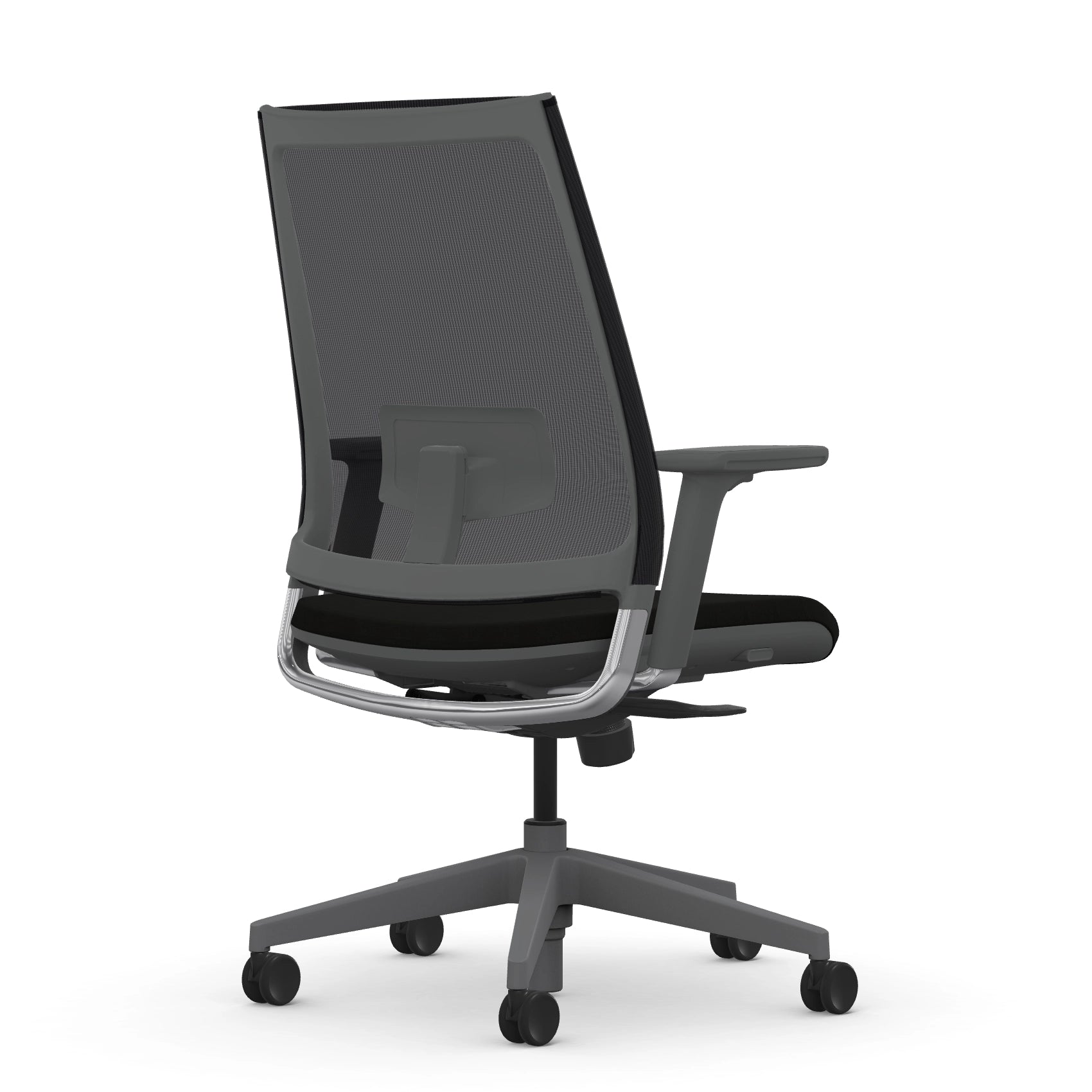 Back view of the 9to5 seating Luna highback task chair in gray frame and black fabric. Kansas City Office Design.