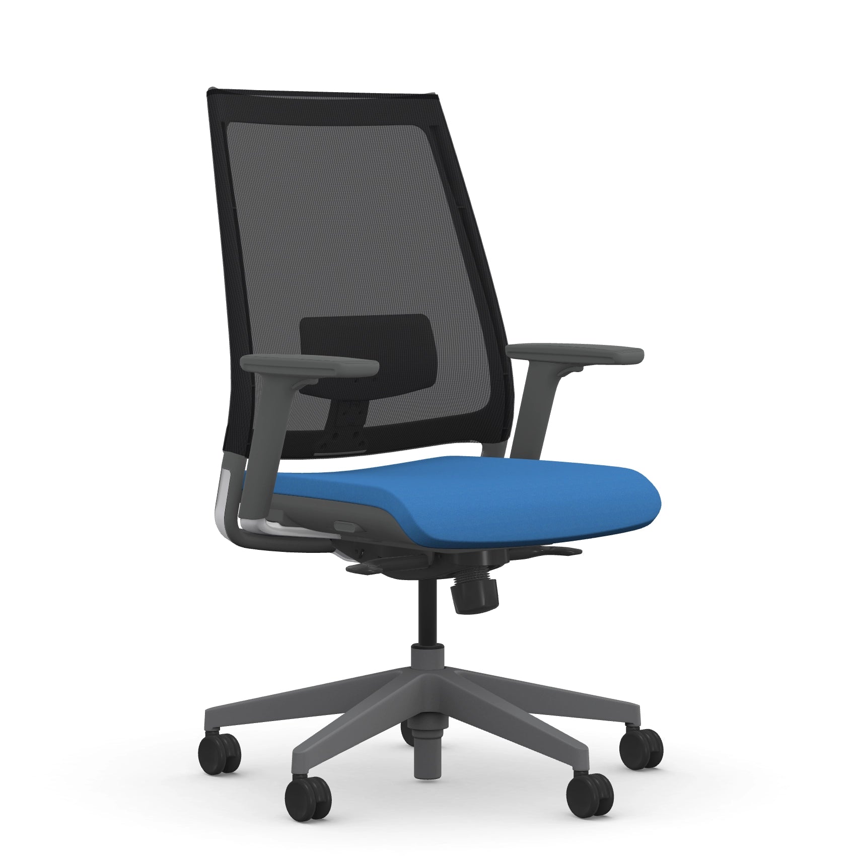 Front view of the 9to5 seating Luna highback task chair in gray frame and blue fabric. Kansas City Office Design.