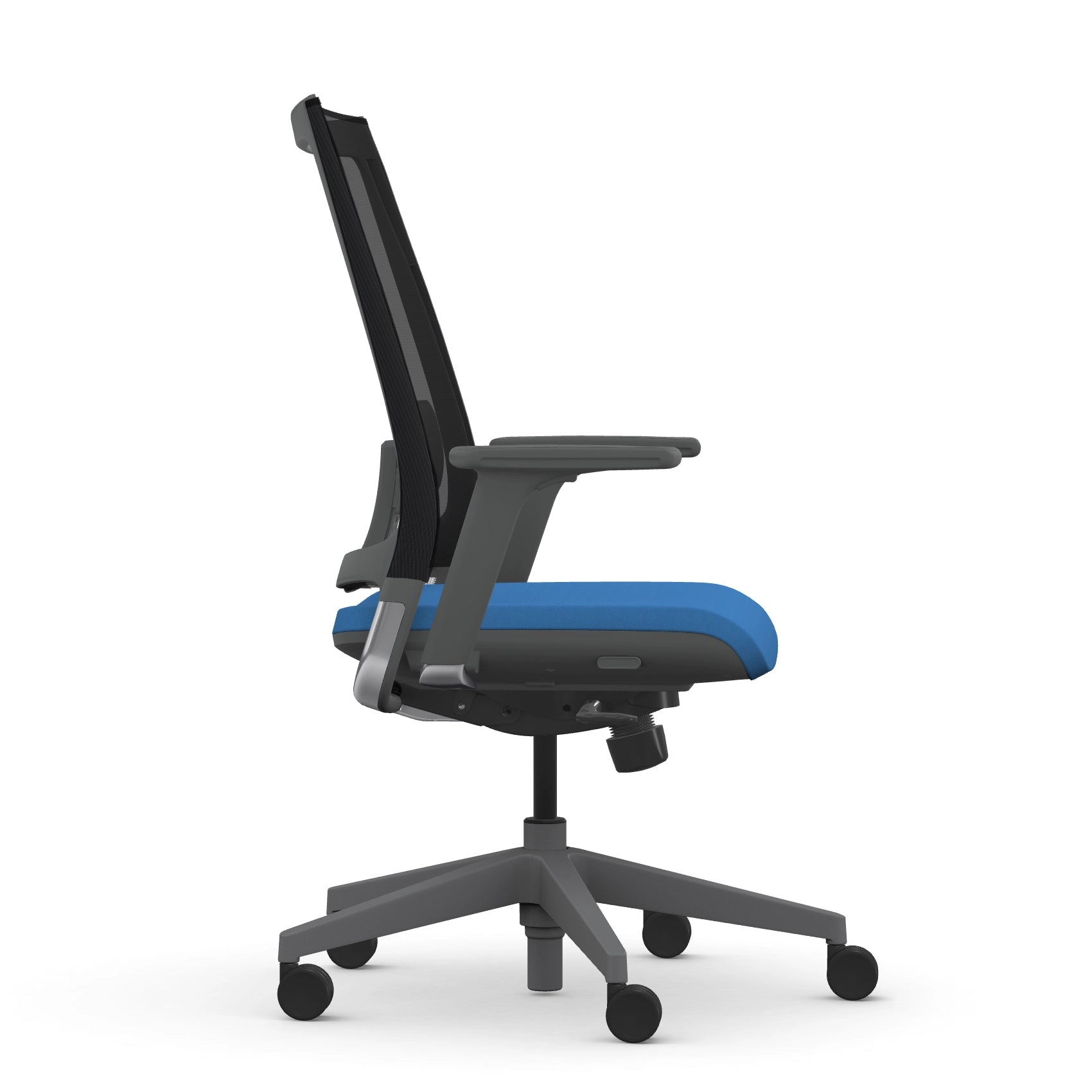 Side view of the 9to5 seating Luna highback task chair in gray frame and blue fabric. Kansas City Office Design.