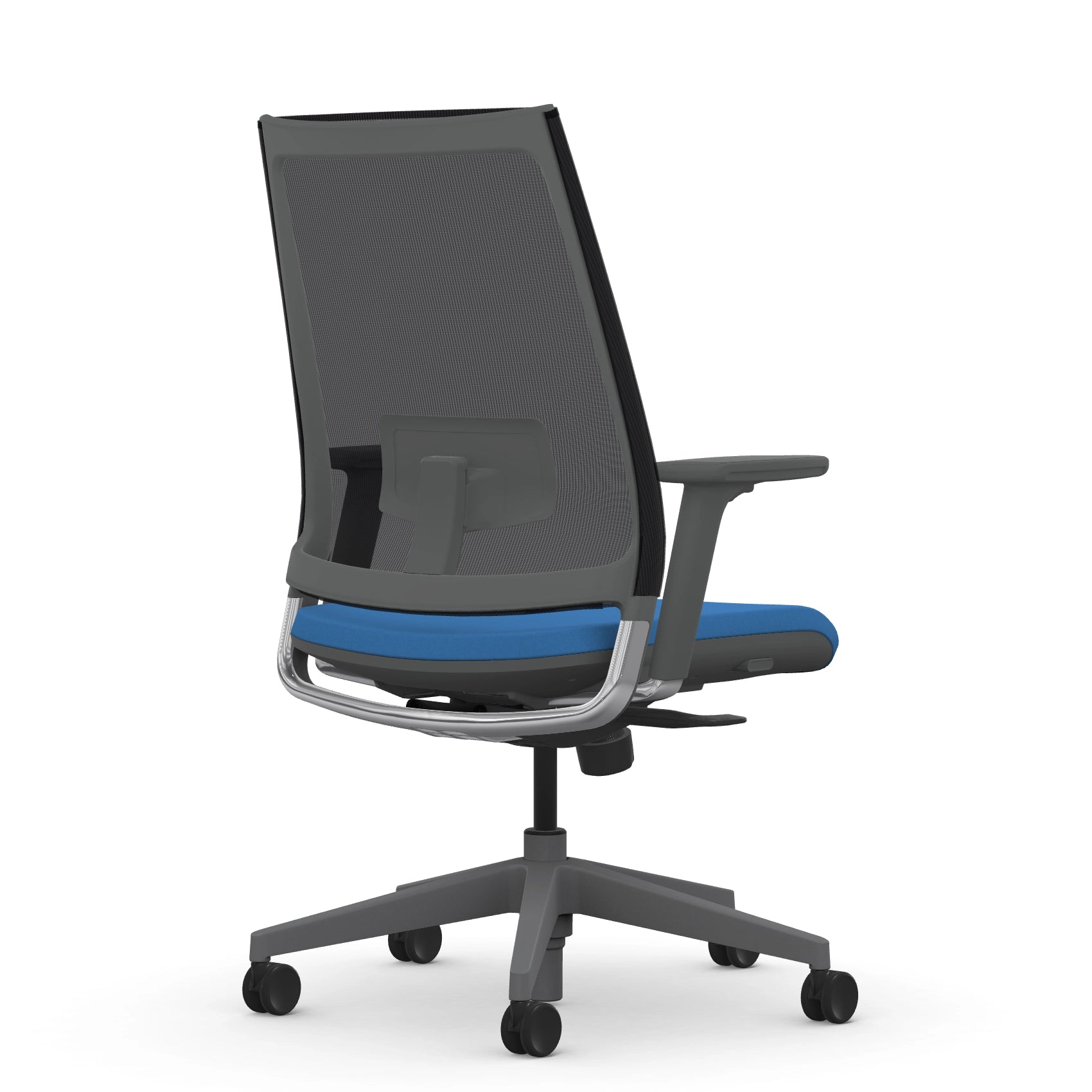 Back view of the 9to5 seating Luna highback task chair in gray frame and blue fabric. Kansas City Office Design.