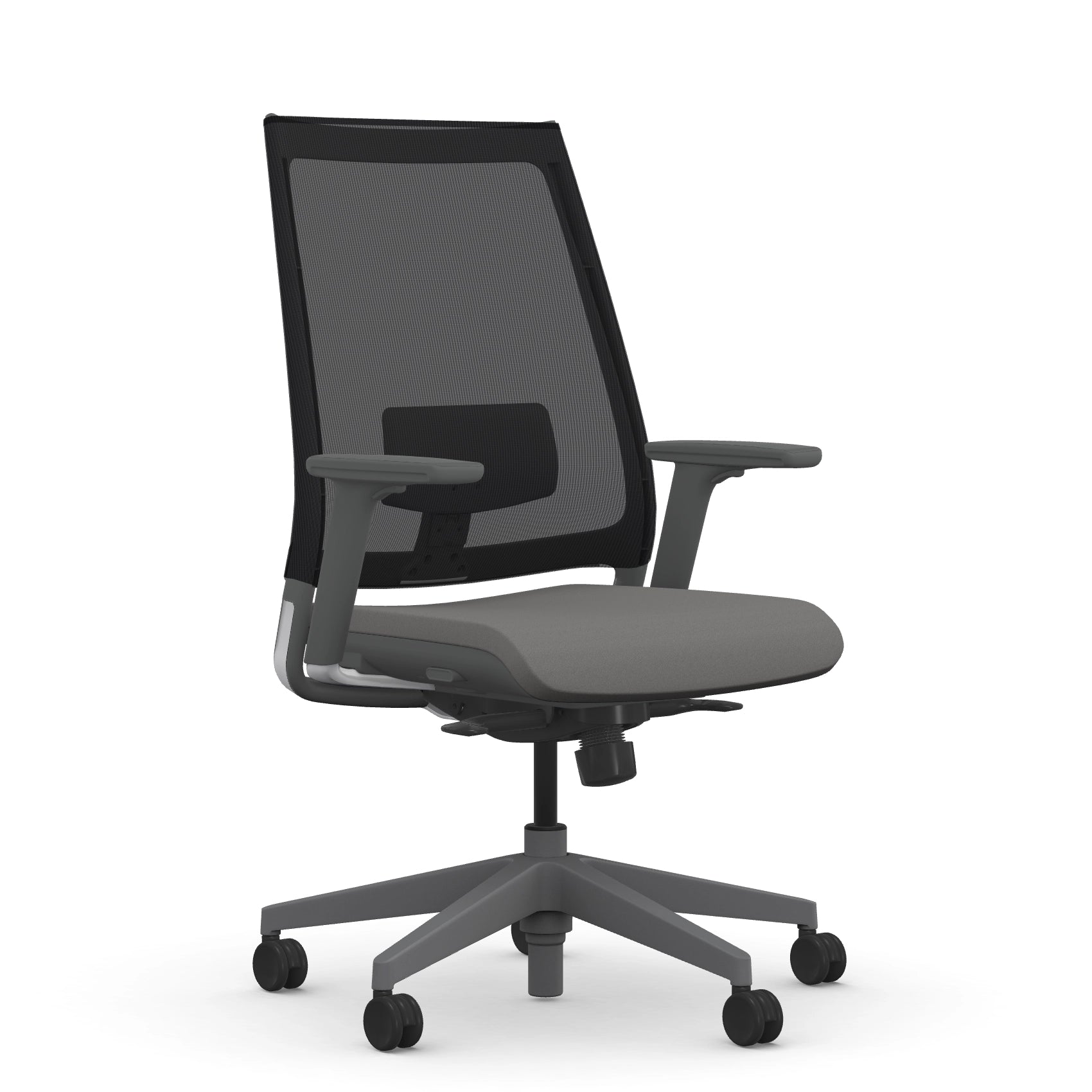 Front view of the 9to5 seating Luna highback task chair in gray frame and gray fabric. Kansas City Office Design.