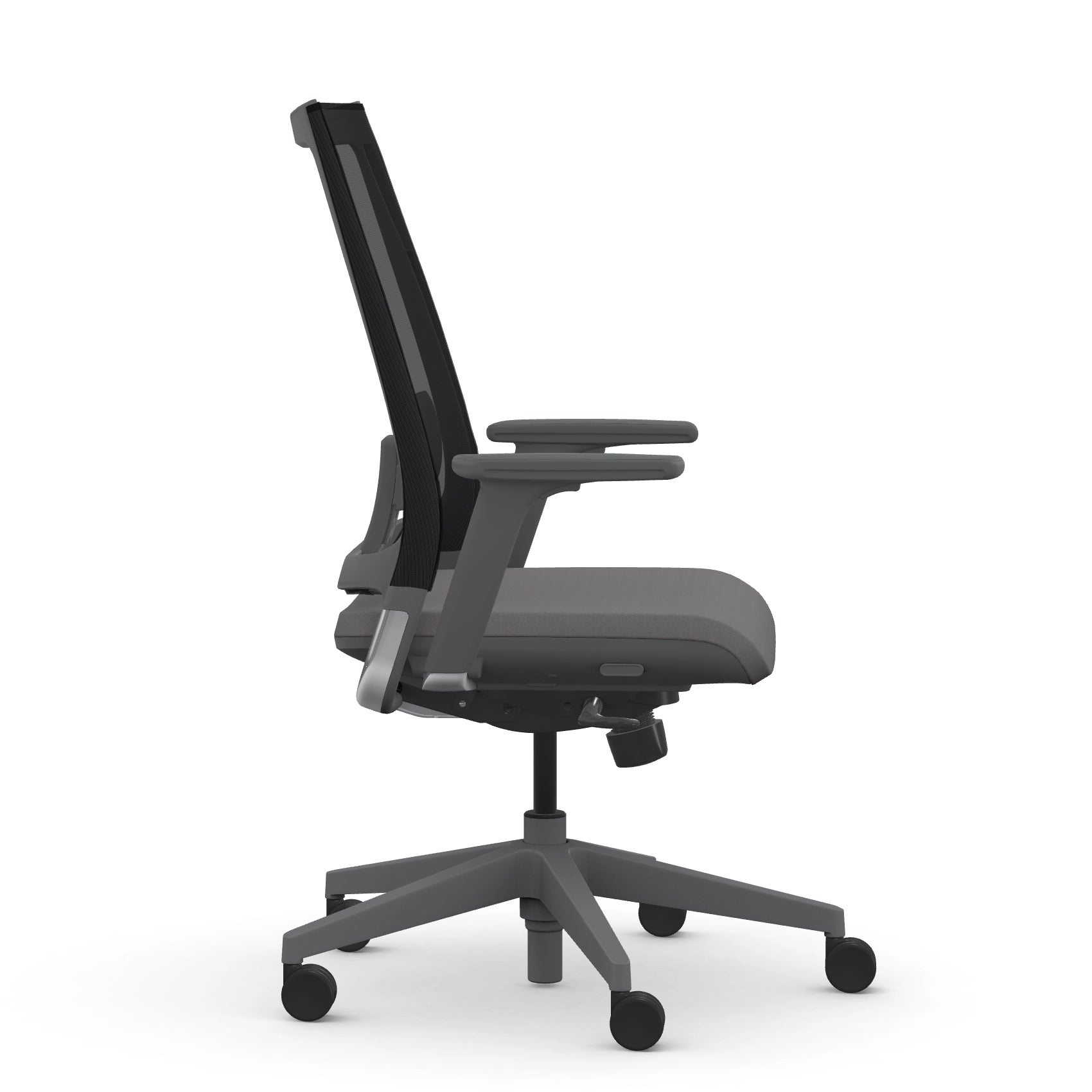 Side view of the 9to5 seating Luna highback task chair in gray frame and gray fabric. Kansas City Office Design.