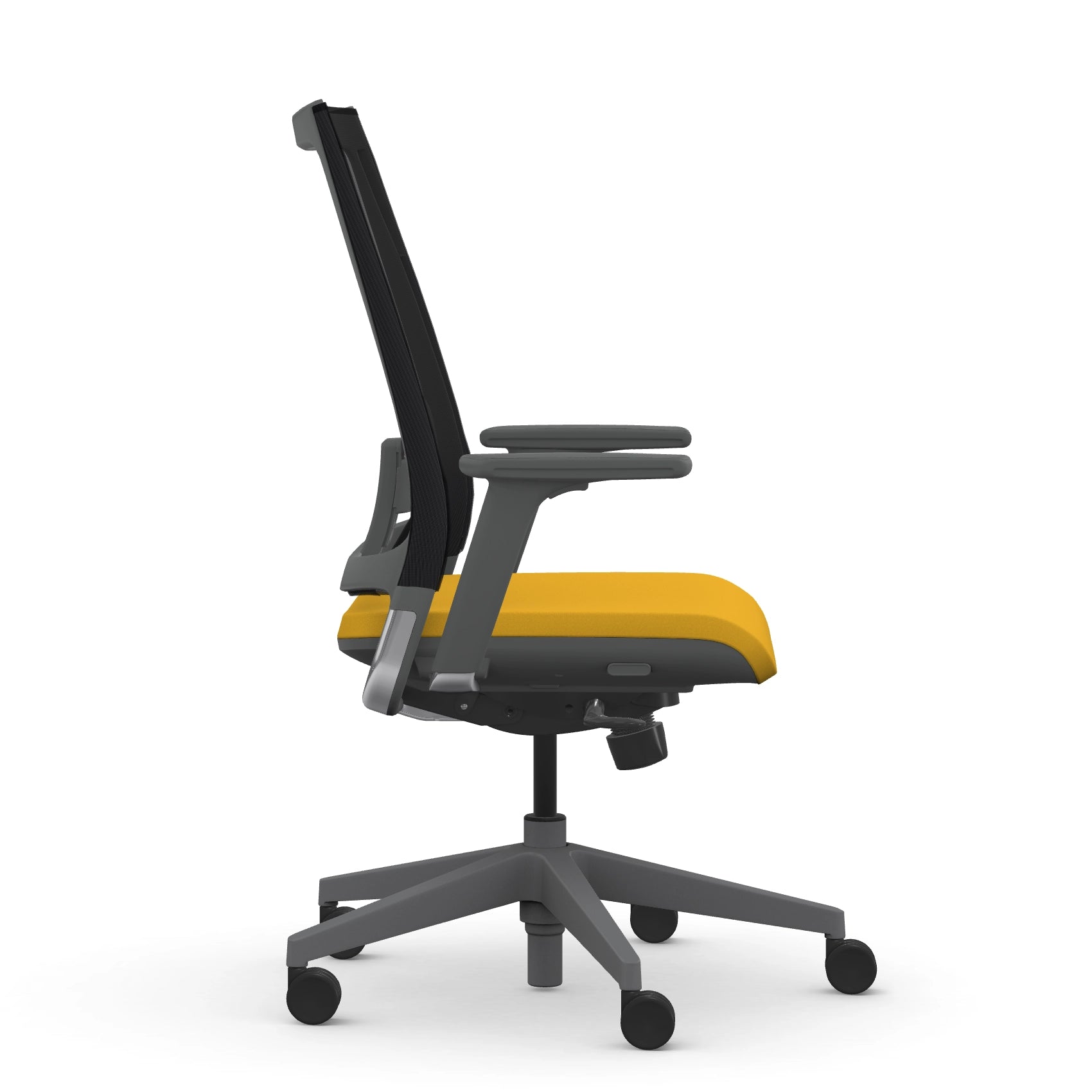 Side view of the 9to5 seating Luna highback task chair in gray frame and lemon fabric. Kansas City Office Design.