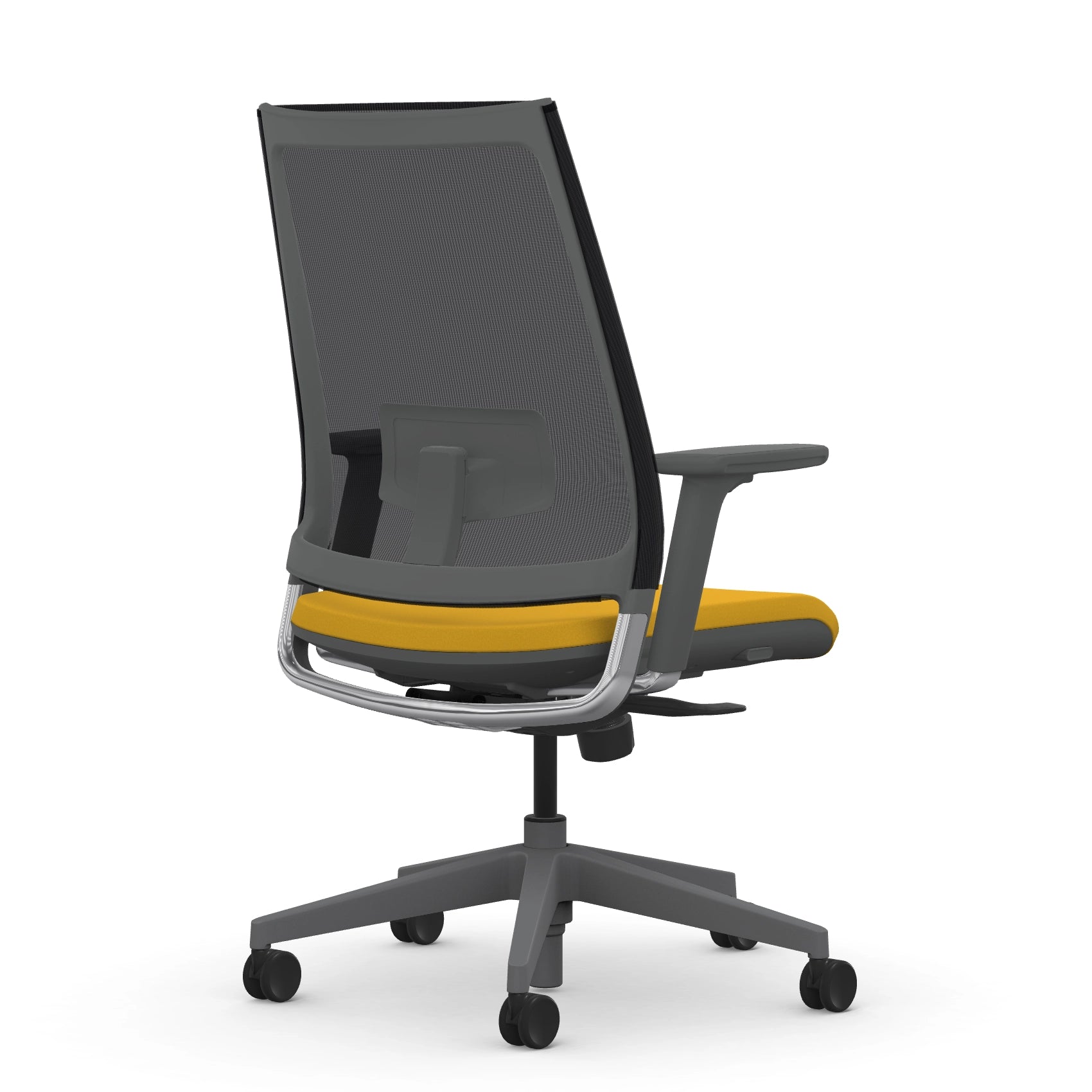 Back view of the 9to5 seating Luna highback task chair in gray frame and lemon fabric. Kansas City Office Design.