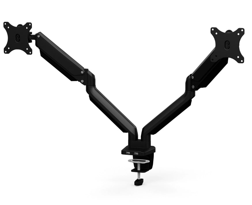 Front view of the SitOnIt Mobi Dual Monitor Arm in Black. Kansas City Office Design.