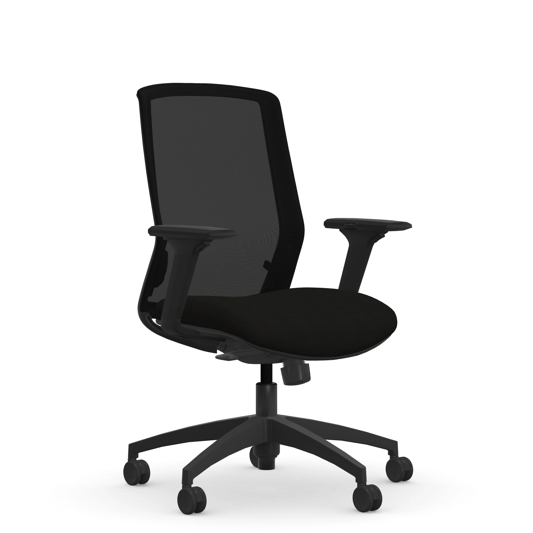 Front view of the 9to5 NeoLite Task chair in a black frame and black fabric. Kansas City Office Design.