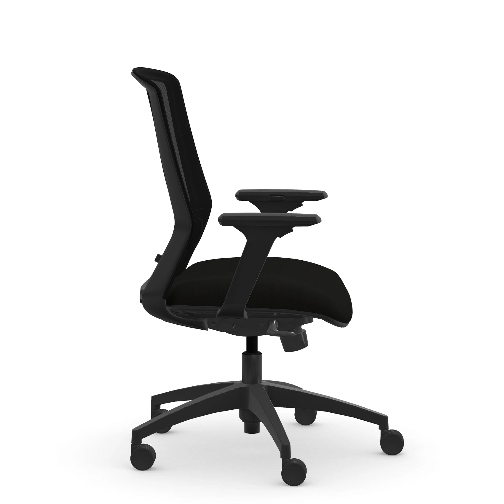 Side view of the 9to5 NeoLite Task chair in a black frame and black fabric. Kansas City Office Design.