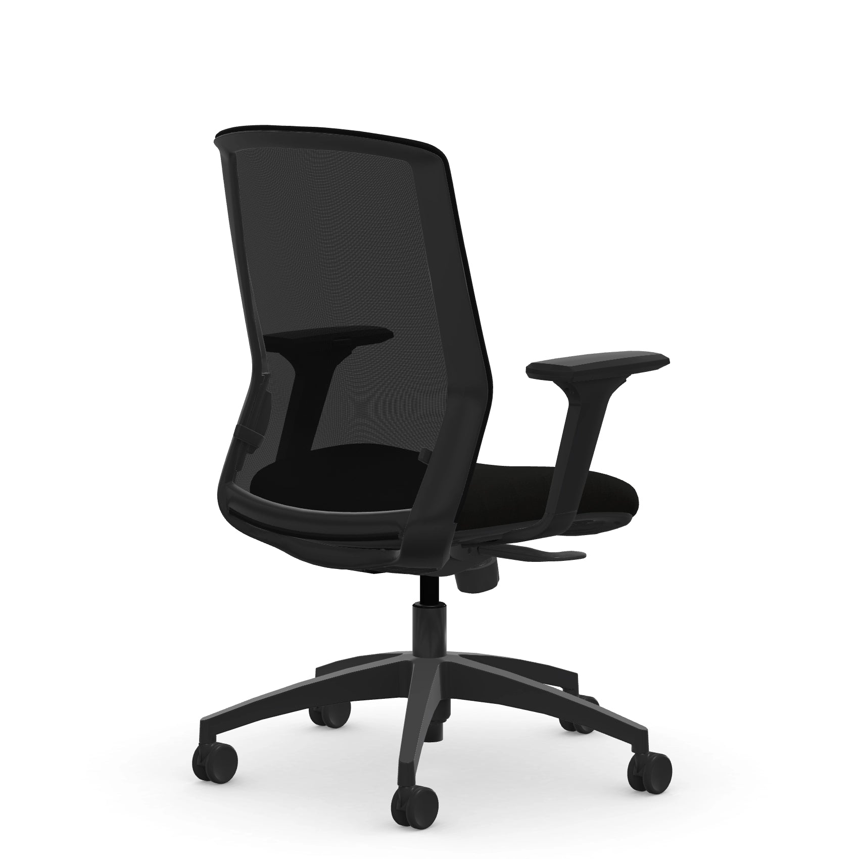 Back view of the 9to5 NeoLite Task chair in a black frame and black fabric. Kansas City Office Design.