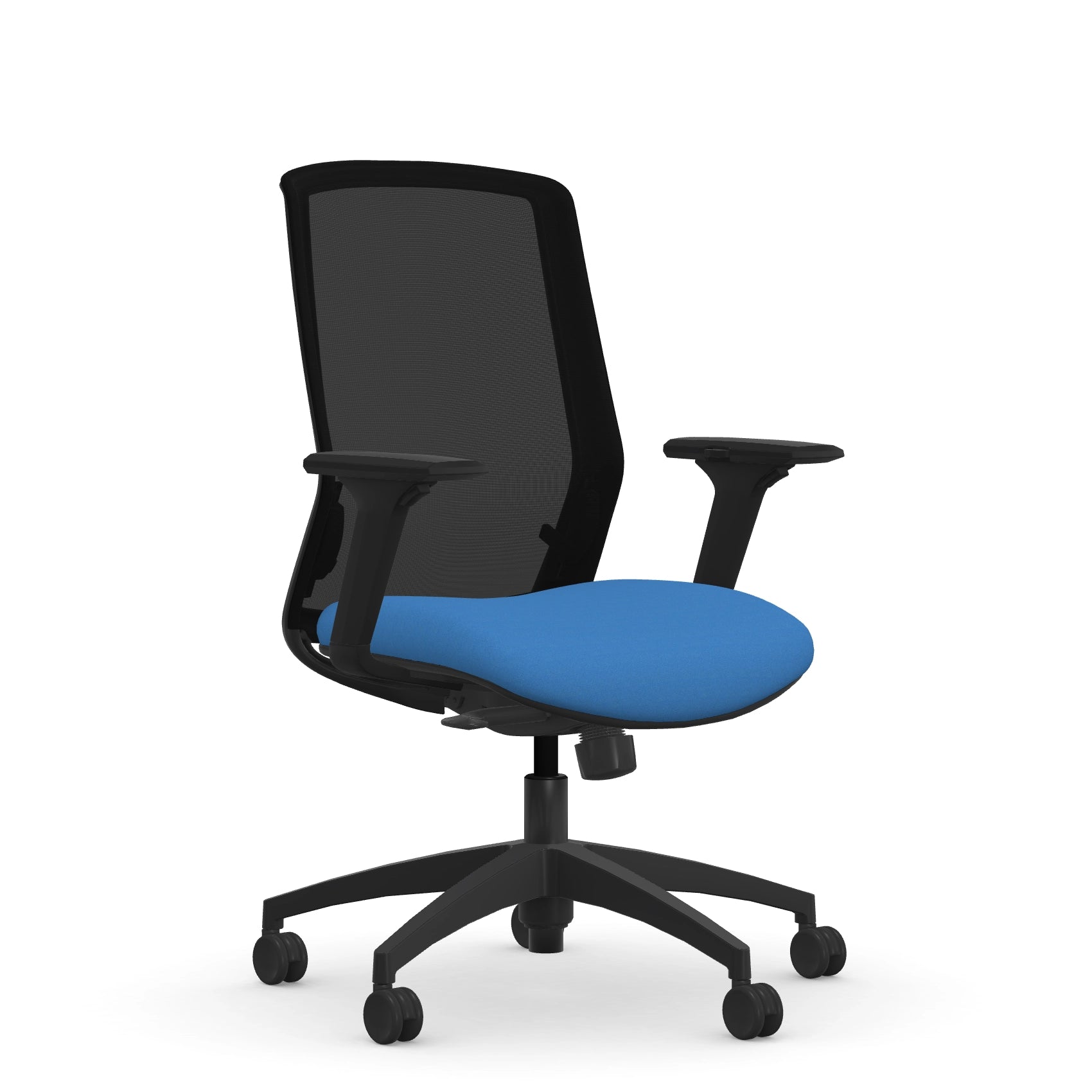 Front view of the 9to5 NeoLite Task chair in a black frame and blue fabric. Kansas City Office Design.