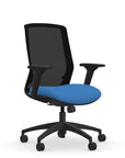 Front view of the 9to5 NeoLite Task chair in a black frame and blue fabric. Kansas City Office Design.