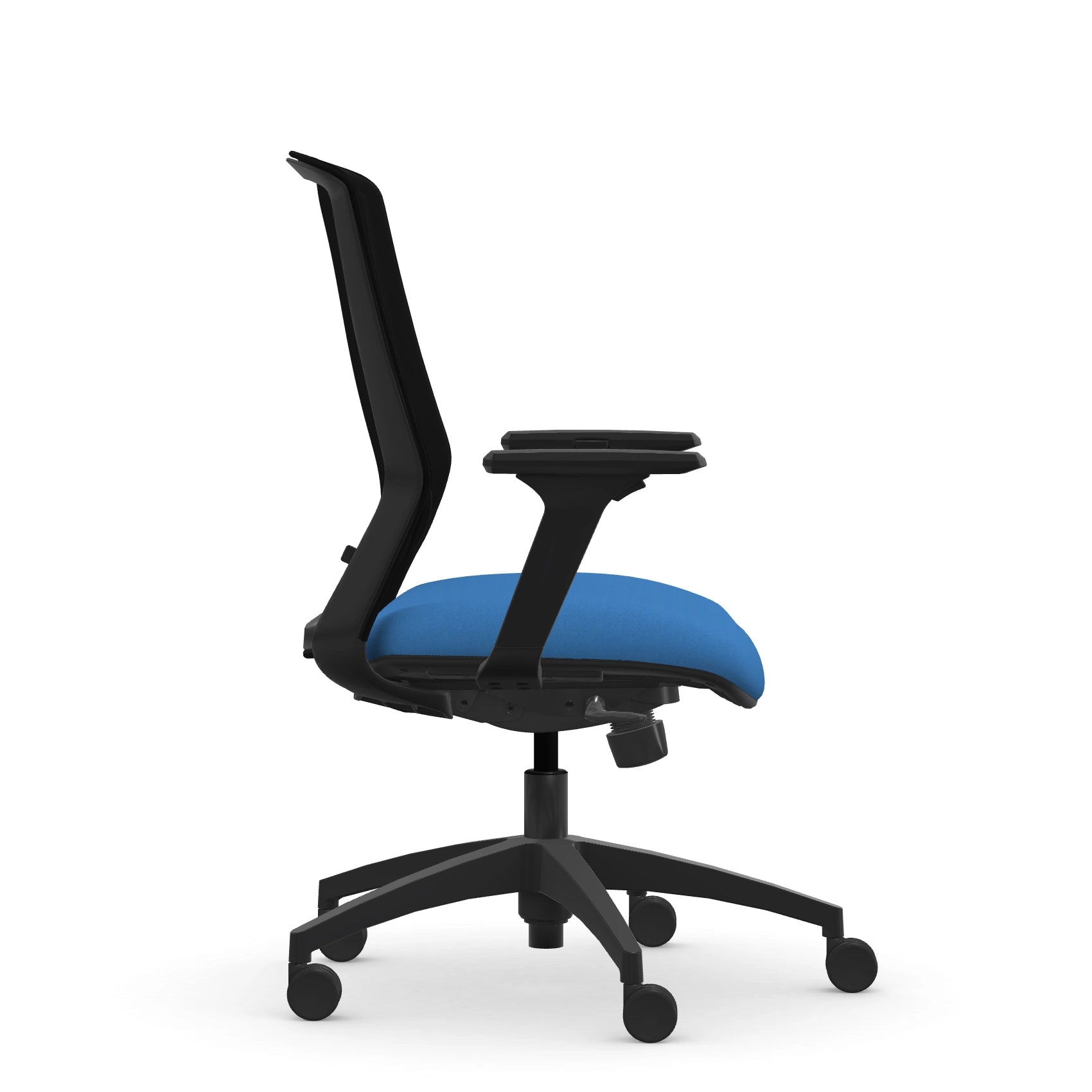 Side view of the 9to5 NeoLite Task chair in a black frame and blue fabric. Kansas City Office Design.