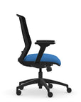 Side view of the 9to5 NeoLite Task chair in a black frame and blue fabric. Kansas City Office Design.
