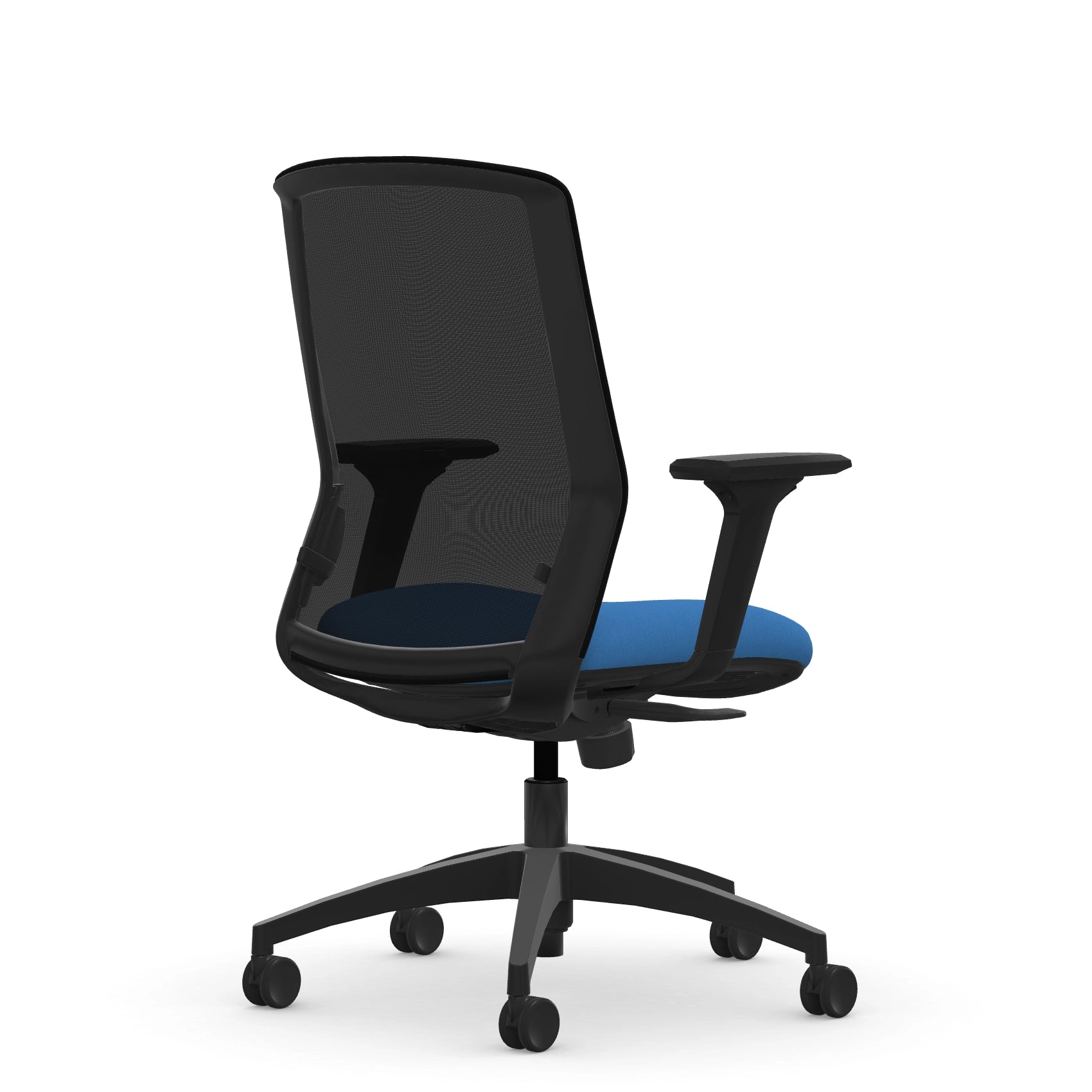 Back view of the 9to5 NeoLite Task chair in a black frame and blue fabric. Kansas City Office Design.