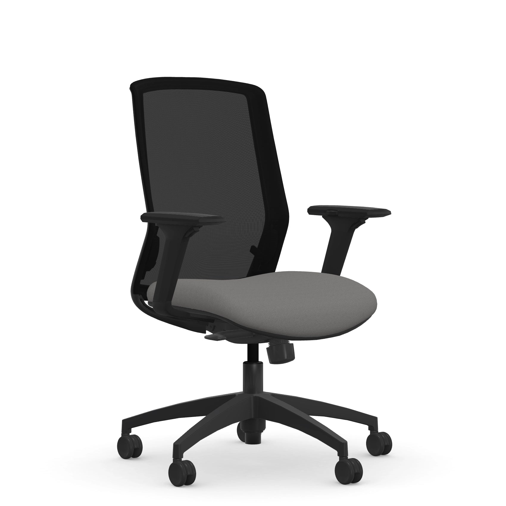 Front view of the 9to5 NeoLite Task chair in a black frame and gray fabric. Kansas City Office Design.