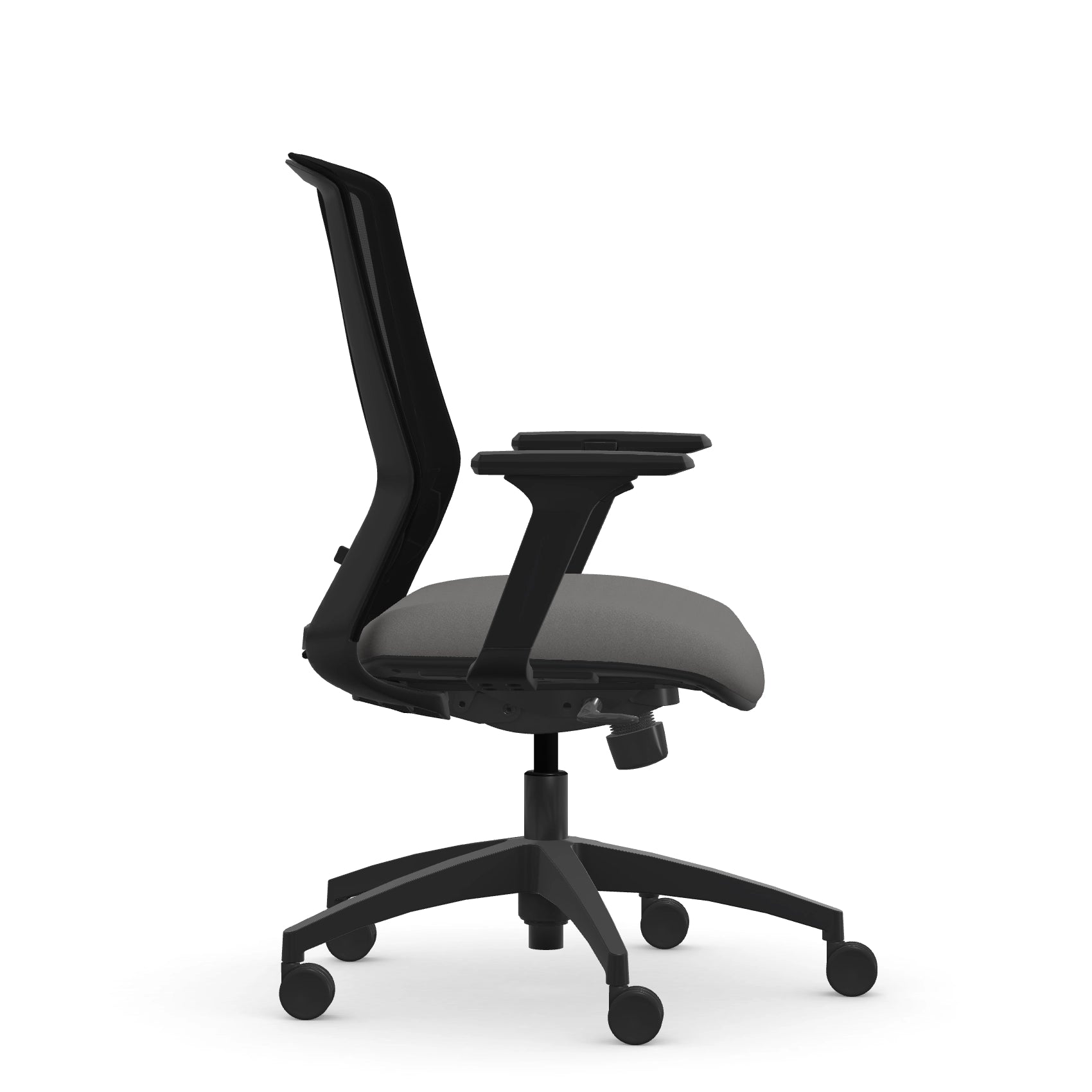 Side view of the 9to5 NeoLite Task chair in a black frame and gray fabric. Kansas City Office Design.