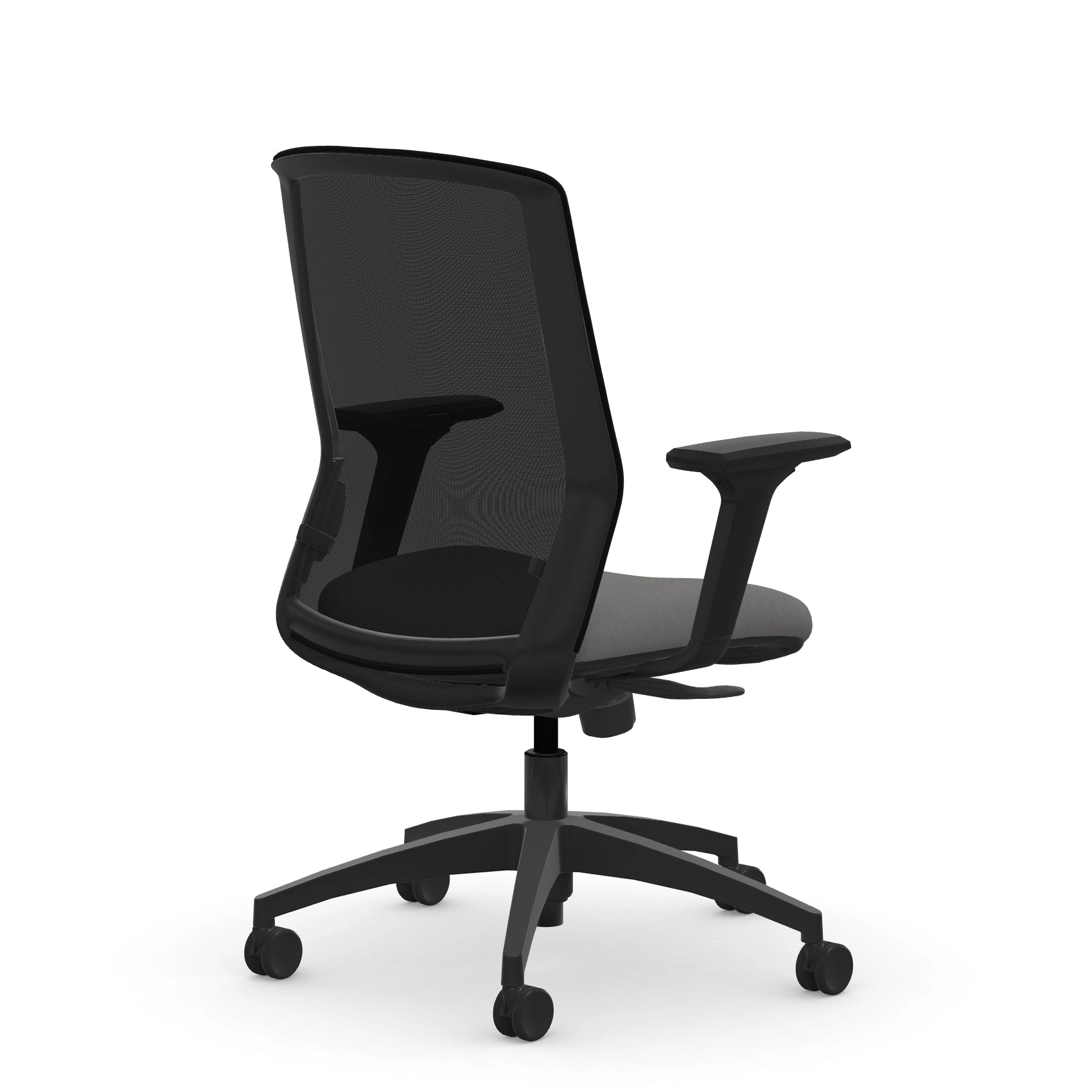 Back view of the 9to5 NeoLite Task chair in a black frame and gray fabric. Kansas City Office Design.