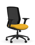 Front view of the 9to5 NeoLite Task chair in a black frame and yellow fabric. Kansas City Office Design.