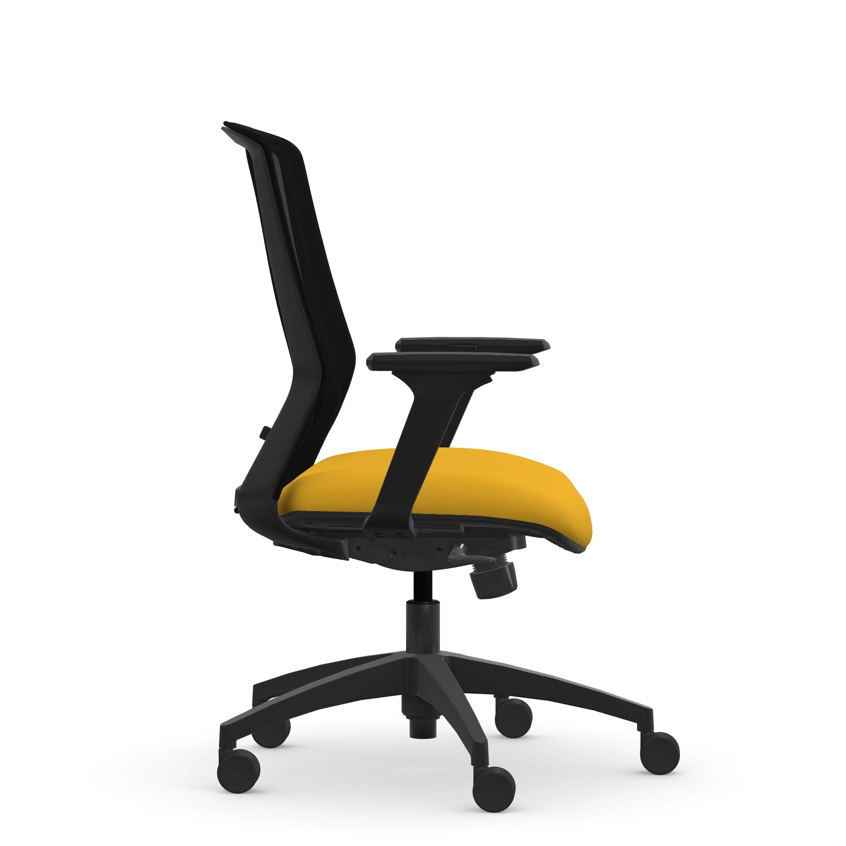 Side view of the 9to5 NeoLite Task chair in a black frame and yellow fabric. Kansas City Office Design.