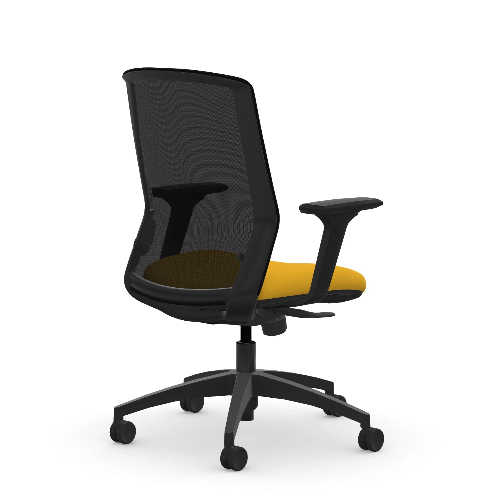 Back view of the 9to5 NeoLite Task chair in a black frame and yellow fabric. Kansas City Office Design.